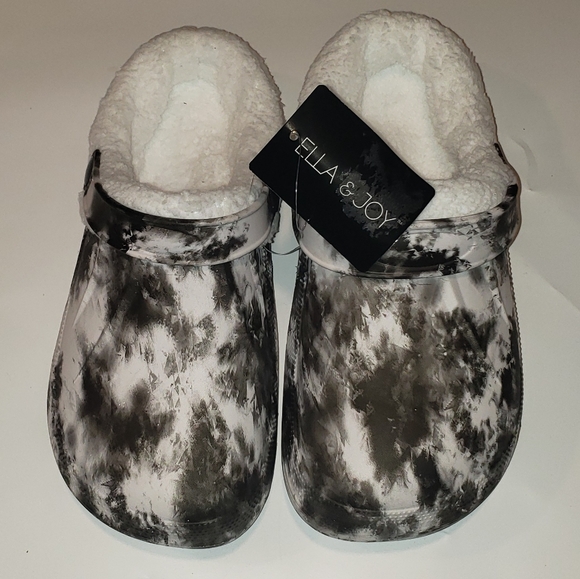 Womens Ella & Joy Faux Fur  Lined Clog Slippers Black and white sz 8  New - Picture 1 of 6